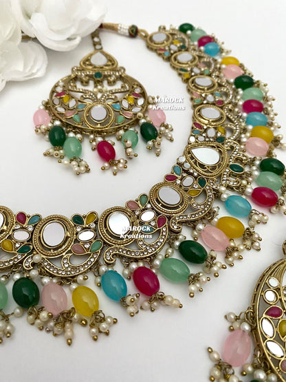 Antique Gold Mirror Multi color Necklace set