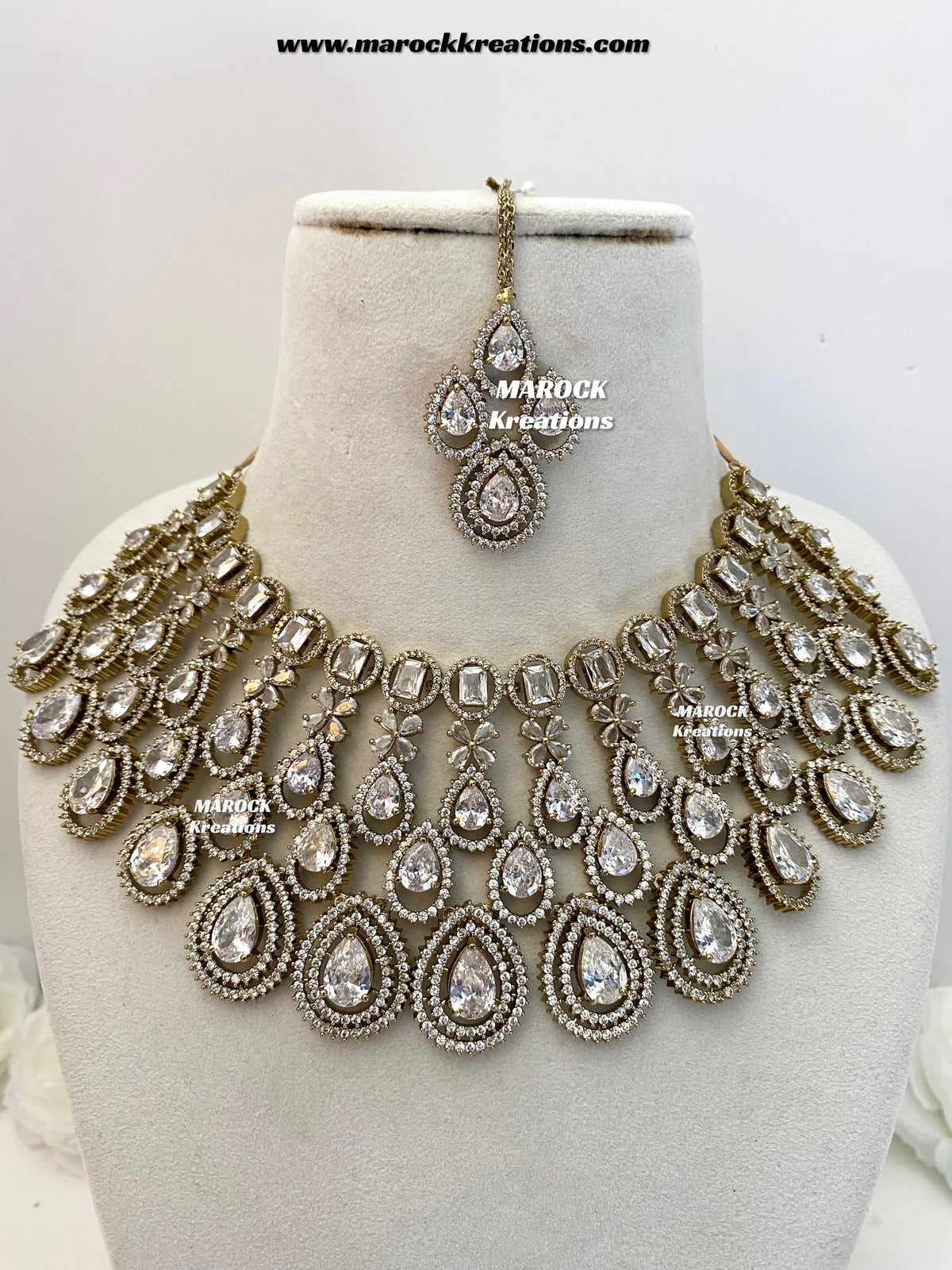 Tushita Antique Gold American Diamond Statement Necklace set/Bridal set