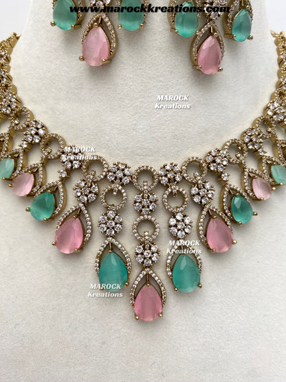 Anshika Antique Gold American Diamond Statement Necklace set