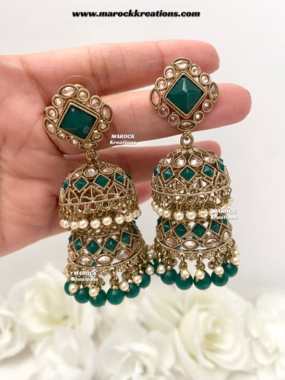 Rehana Antique Gold Polki double jhumki Statement Earrings