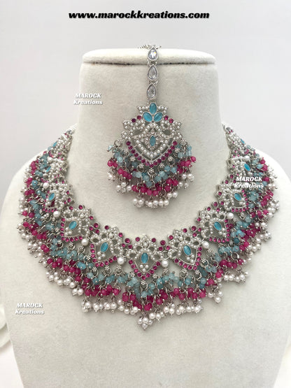 Aisha Silver Pakistani Necklace set with Passa