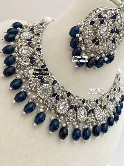 Silver/Navy Blue Polki Necklace set