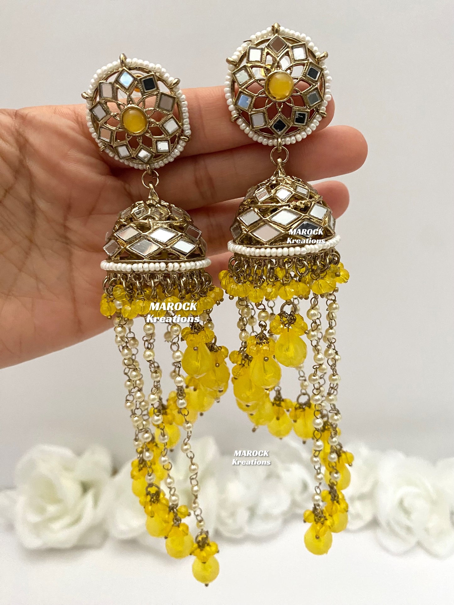 Antique Gold Mirror Statement Jhumki long Earrings