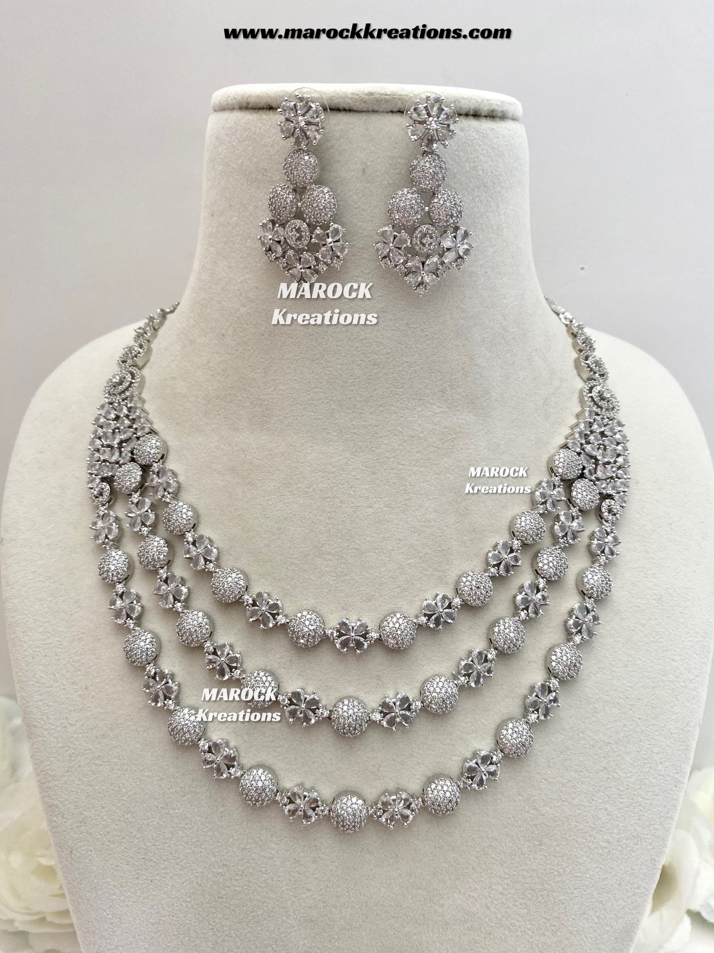 Kristin Silver American Diamond triple layer Necklace set
