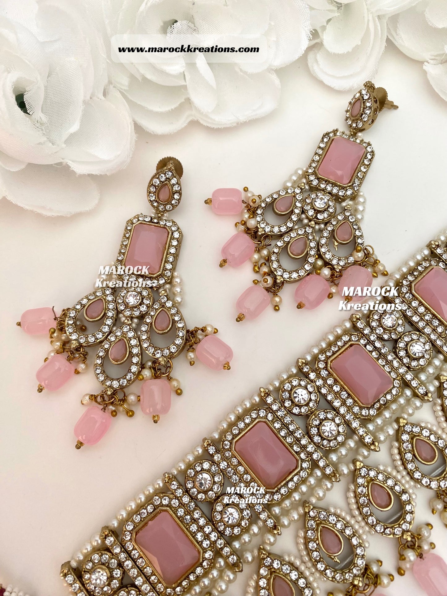 Zainab Antique Gold base with white stones Pakistani Choker set