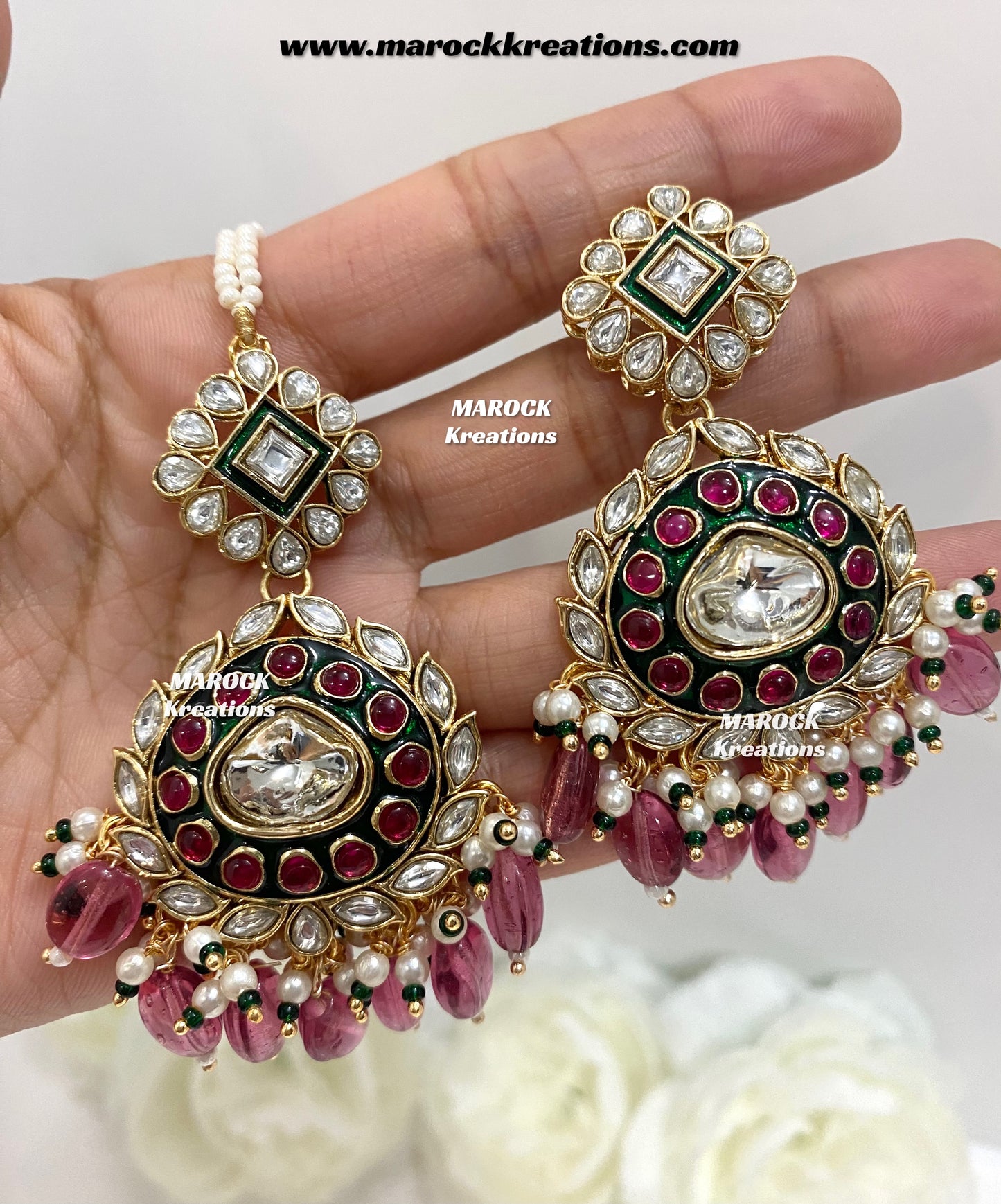 Saher Uncut Kundan Meenakari Earrings and tikka set