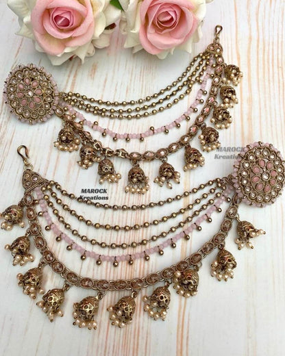 Antique Gold Polki studs/earrings comes with removable Saharey/Ear chains