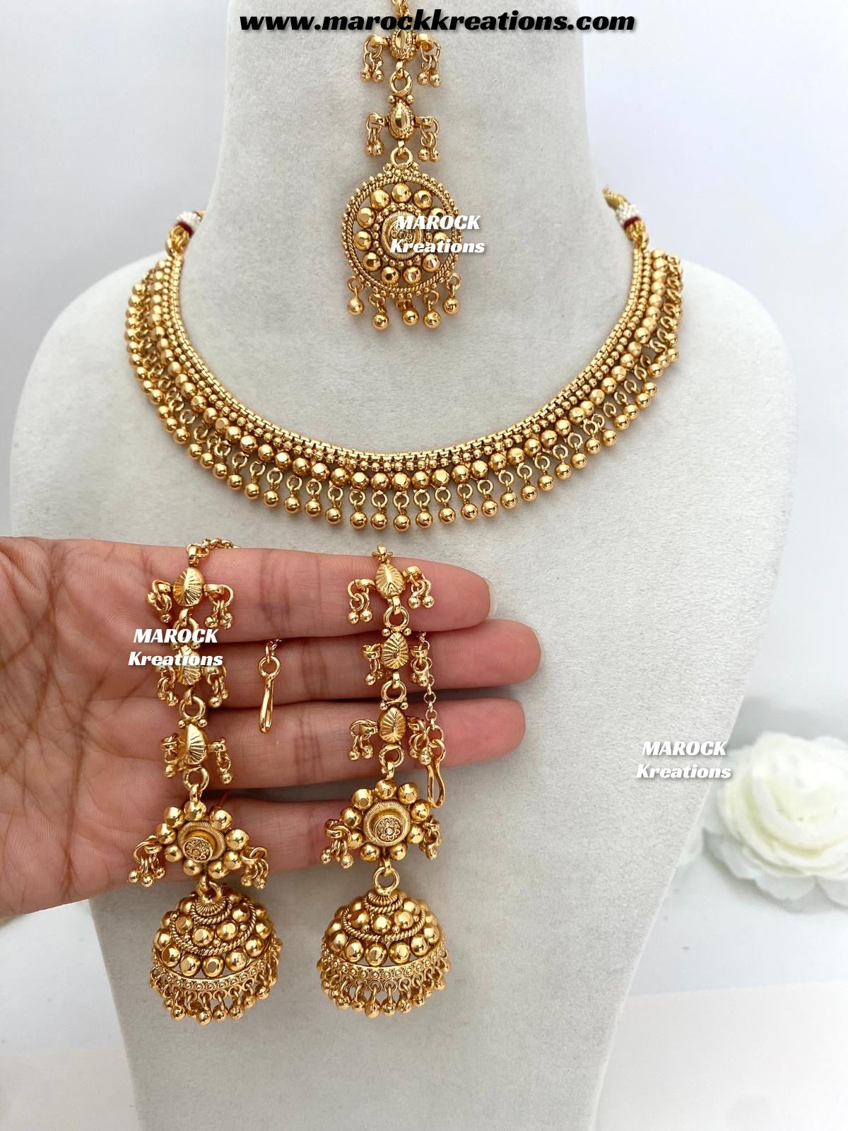 Nazrin Premium Quality Gold Plated necklace set/Earchains/ Saharey attached with Earrings