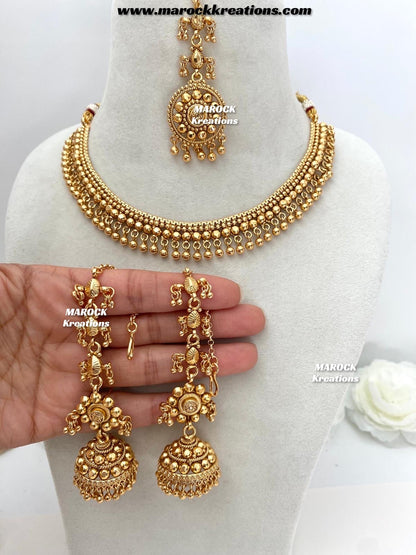 Nazrin Premium Quality Gold Plated necklace set/Earchains/ Saharey attached with Earrings
