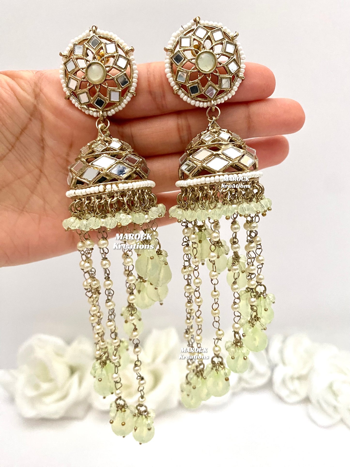 Antique Gold Mirror Statement Jhumki long Earrings