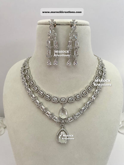 Silver American Diamond Double layer Necklace set