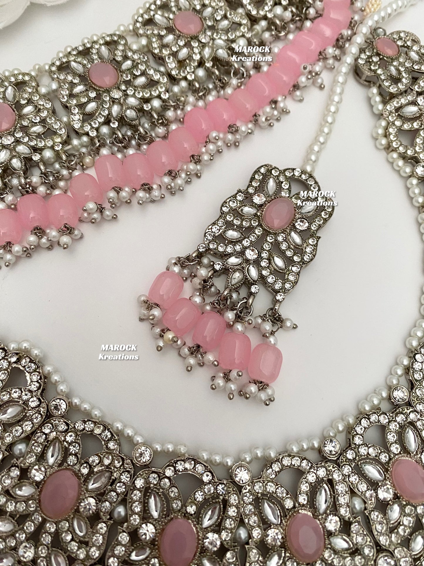 Silver/Pink Pakistani choker and necklace combo set/Pakistani Bridal set