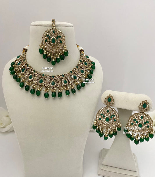 Antique Gold/Green Polki Necklace set