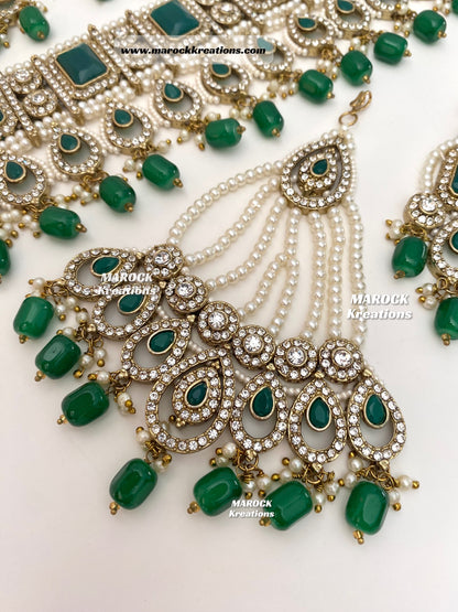 Zainab Antique Gold base with white stones Pakistani Choker set