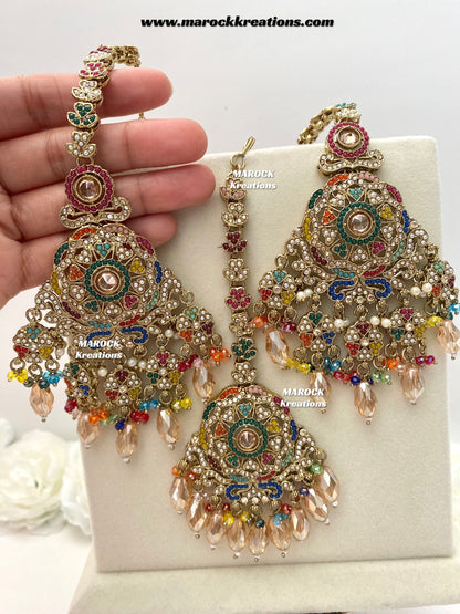 Sumona Polki Earrings (attached saharey) and tikka set