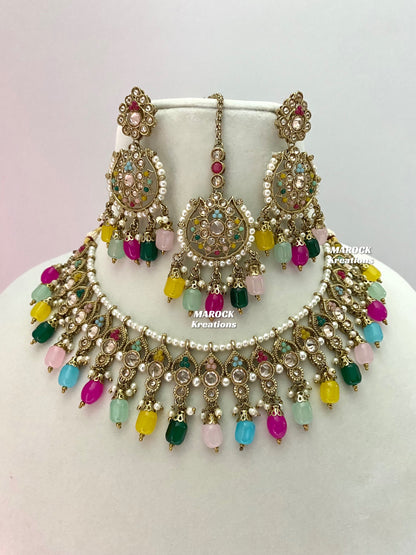 Antique Gold Polki Multi color Necklace set