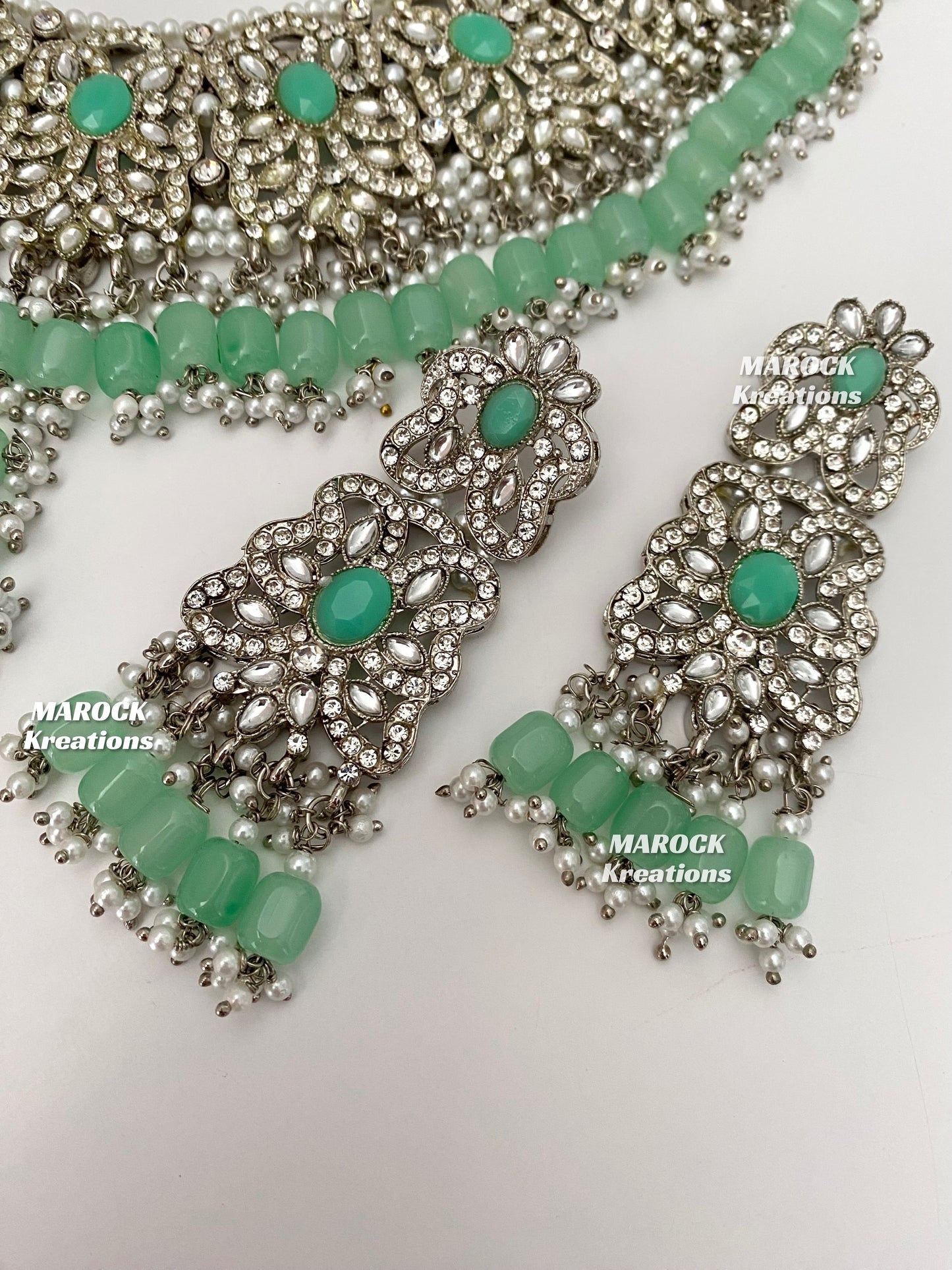 Silver/Mint Pakistani choker and necklace combo set/Pakistani Bridal set