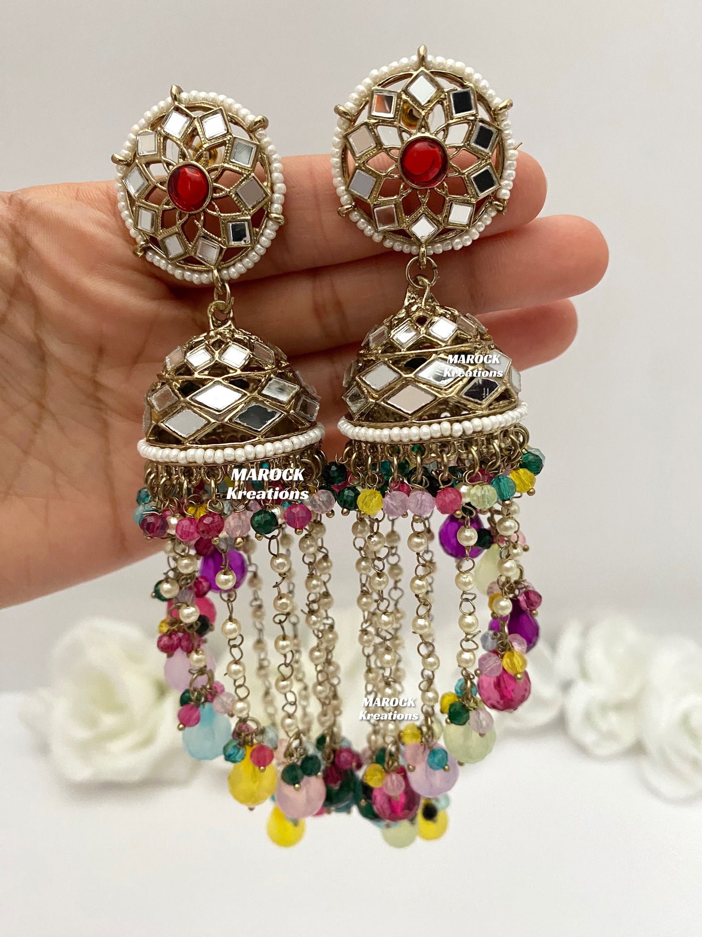 Antique Gold Mirror Statement Jhumki long Earrings