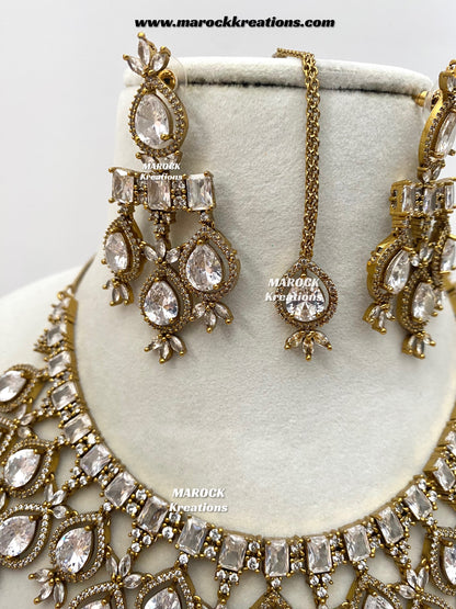 Noria Antique Gold American Diamond Statement Necklace set