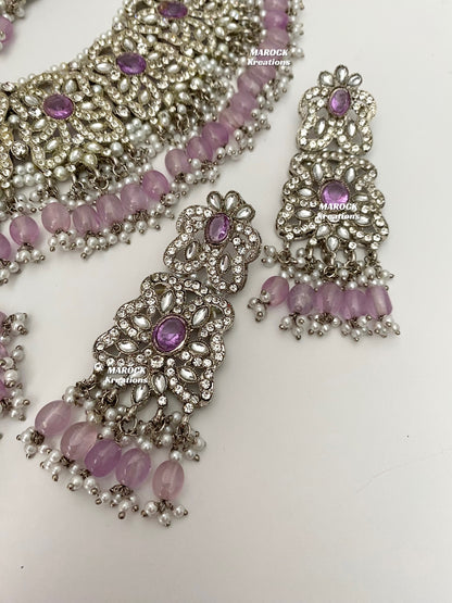 Silver/Lavender Pakistani choker and necklace combo set/Pakistani Bridal set