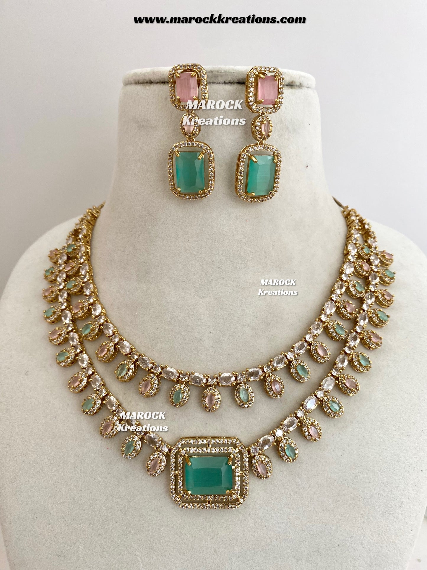 Eshika Antique Gold American Diamond double layer Necklace set