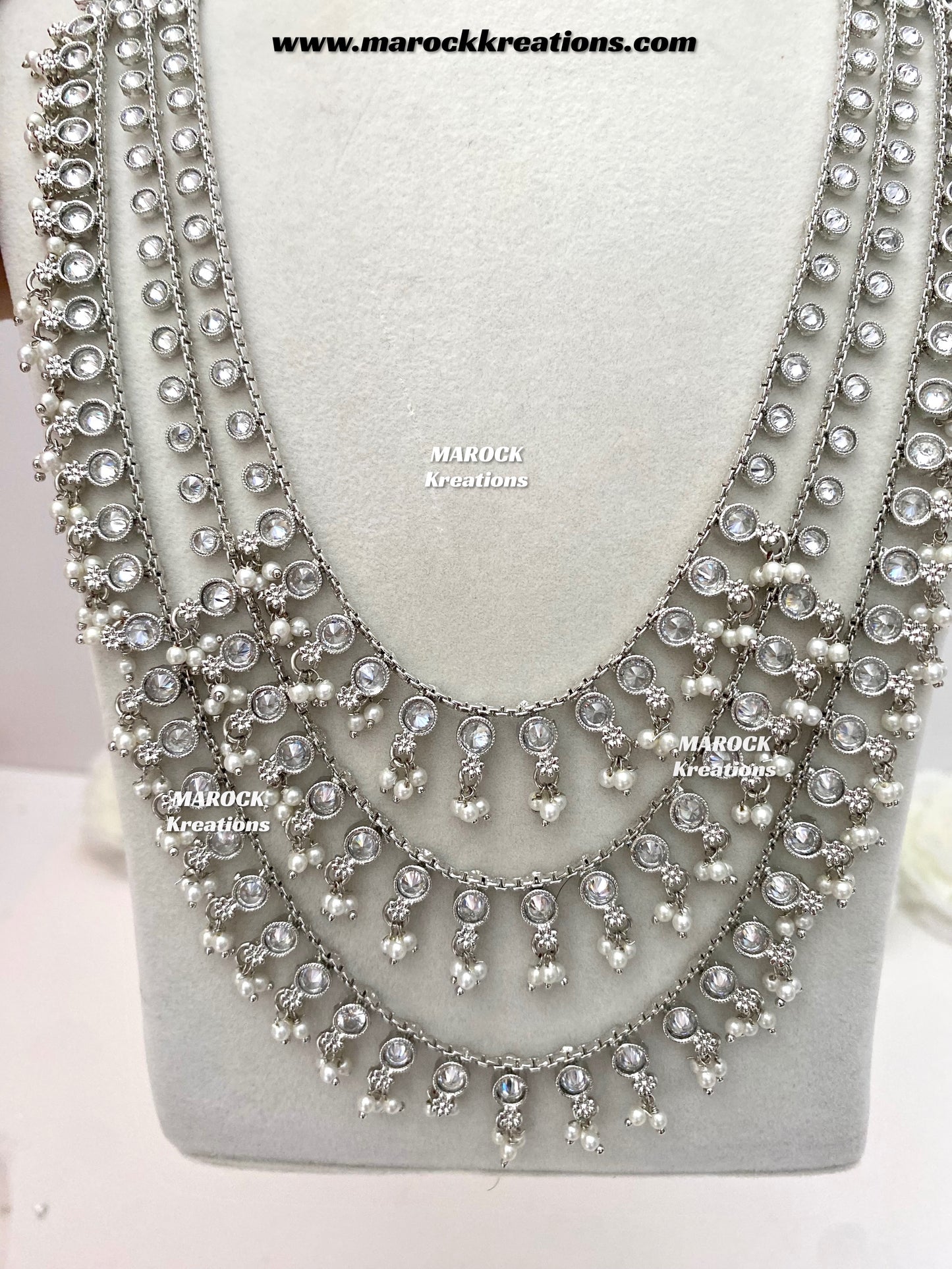 Meghan Premium Quality Polki triple layer silver statement Rani haar set
