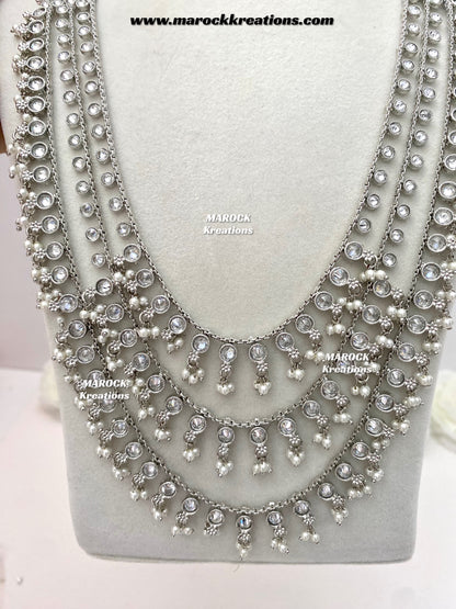 Meghan Premium Quality Polki triple layer silver statement Rani haar set