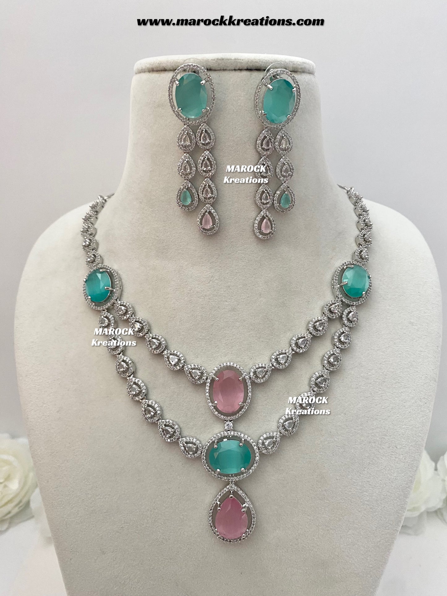 Zehra Silver American Diamond Double layer Necklace set