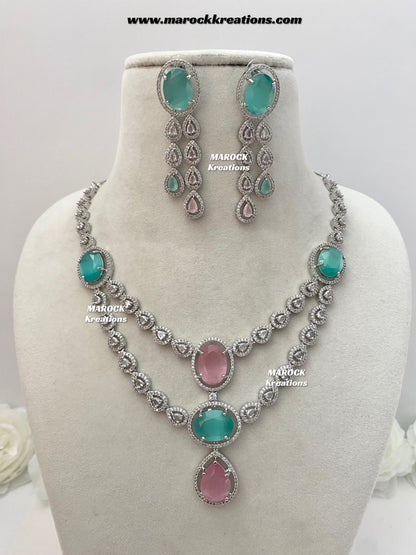 Zehra Silver American Diamond Double layer Necklace set