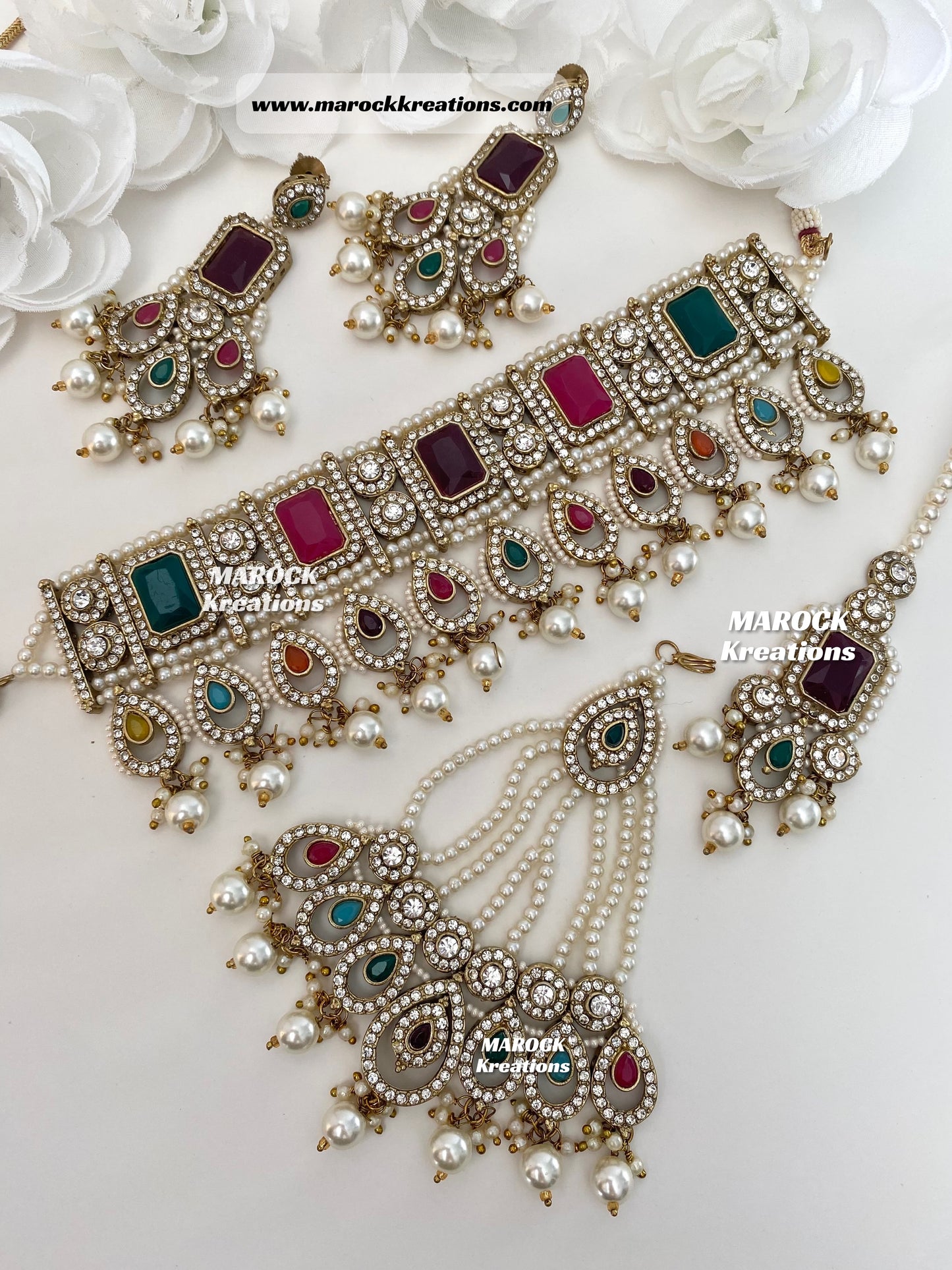 Zainab Antique Gold base with white stones Pakistani Choker set