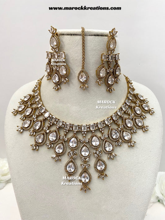 Noria Antique Gold American Diamond Statement Necklace set