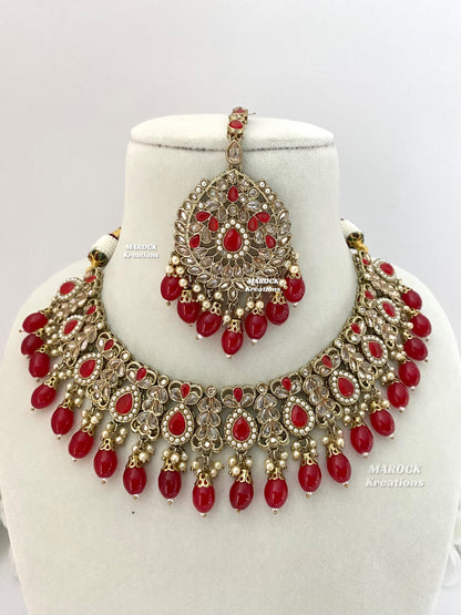 Antique Gold/Red Polki Necklace set