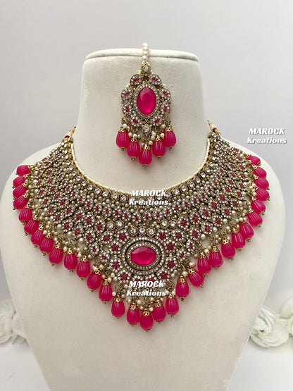 Antique Gold Pakistani Magenta Necklace set