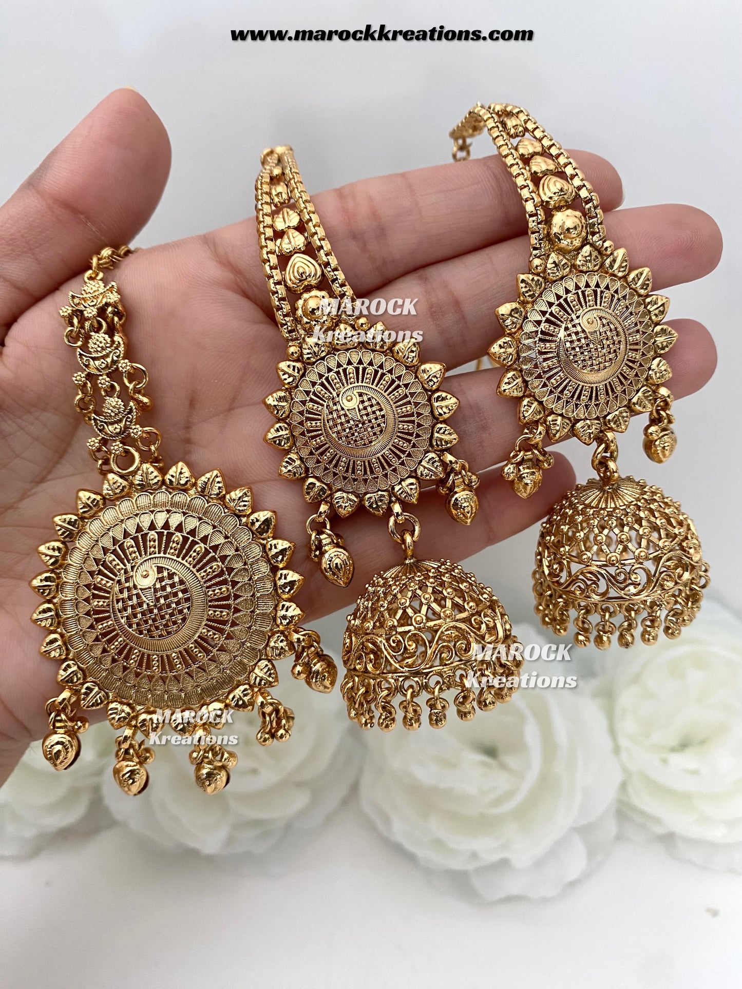 Premium Quality Gold plated Jhumki Earrings(Saharey attached) and tikka set