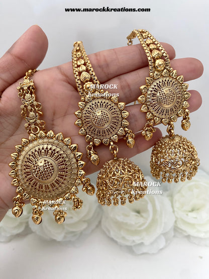 Premium Quality Gold plated Jhumki Earrings(Saharey attached) and tikka set