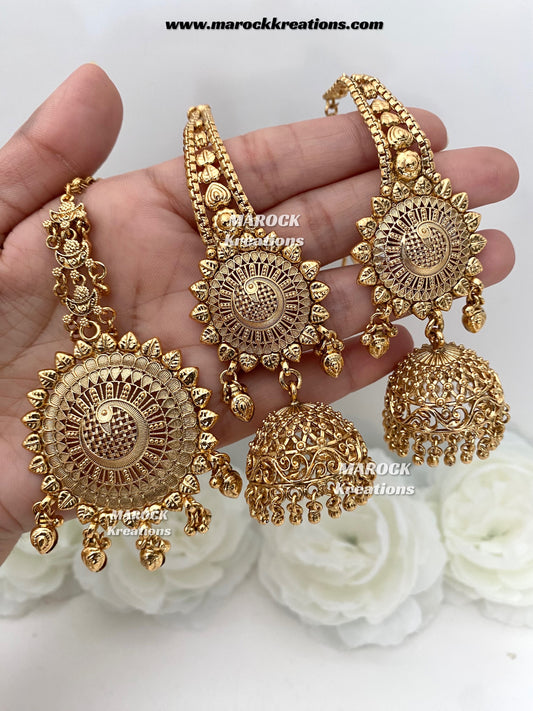 Premium Quality Gold plated Jhumki Earrings(Saharey attached) and tikka set