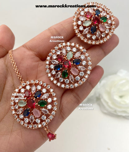 Rose Gold American Diamond studs earrings and tikka set