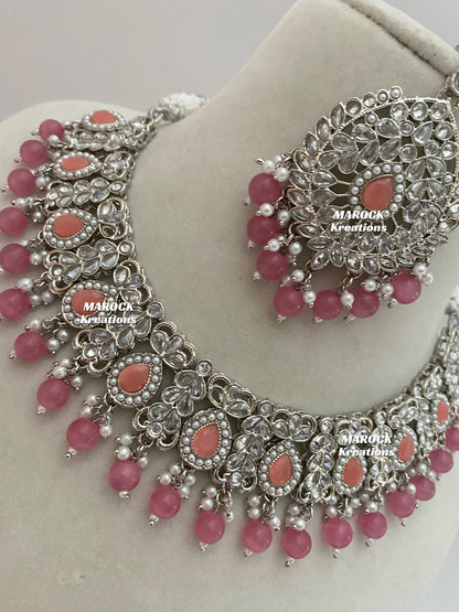 Silver/Dark Pink Polki Necklace set