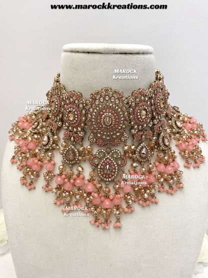 Nazmun Antique Gold Pakistani Polki  choker/necklace set with Passa