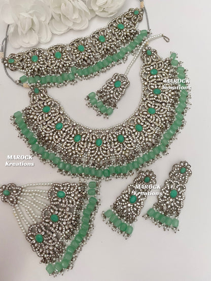 Silver/Mint Pakistani choker and necklace combo set/Pakistani Bridal set