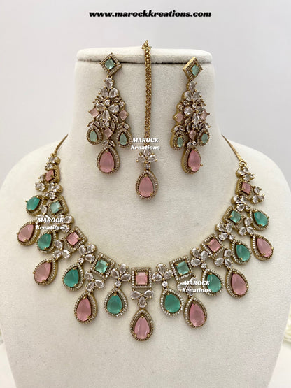 Erona Antique Gold American Diamond Statement Necklace set