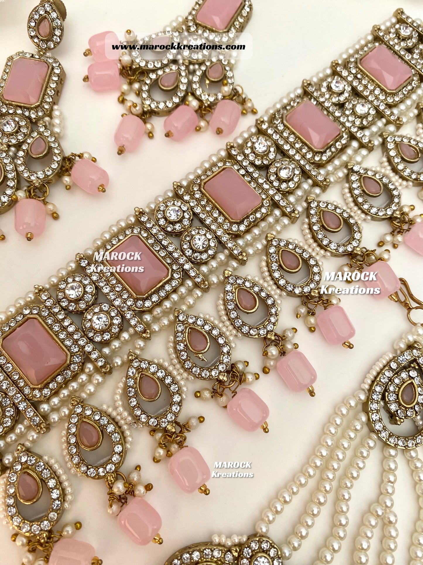 Zainab Antique Gold base with white stones Pakistani Choker set