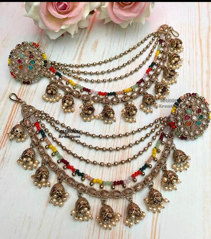 Antique Gold Polki studs/earrings comes with removable Saharey/Ear chains