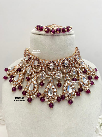 Kaniz Premium Quality Rose Gold Kundan Meenakari Choker/Necklace set