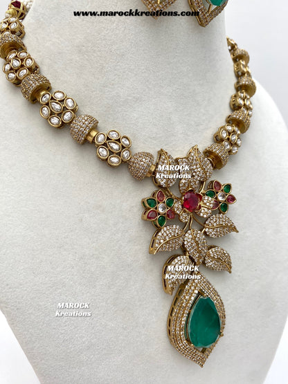 Milly Premium Quality Moissanite Kundan and American diamond Statement necklace set