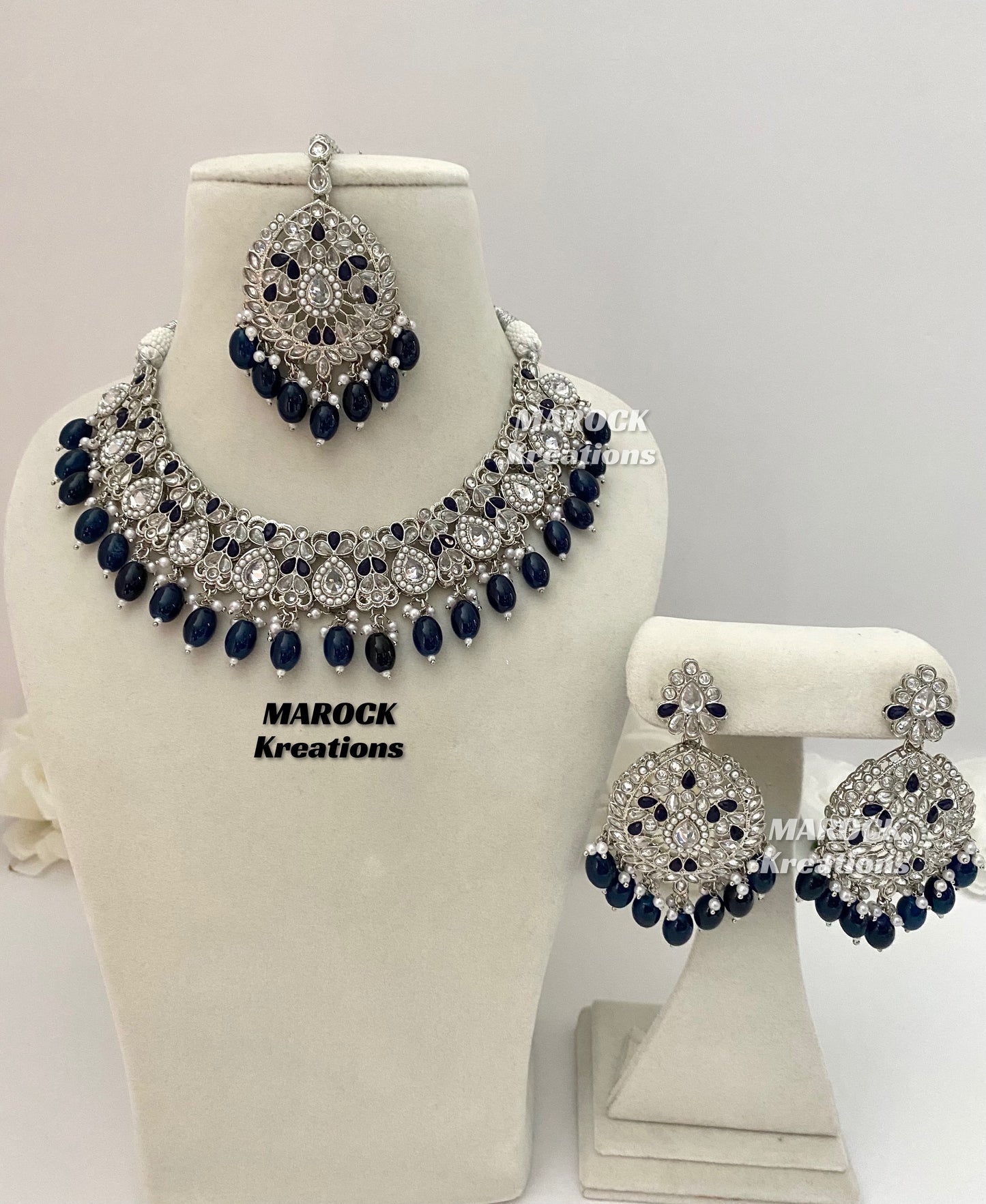 Silver/Navy Blue Polki Necklace set