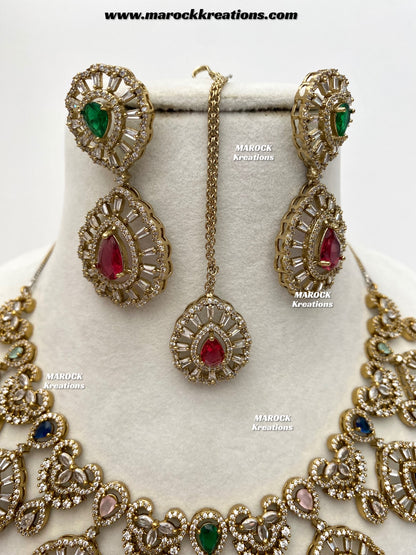 Tareena Antique Gold American Diamond Statement Necklace set