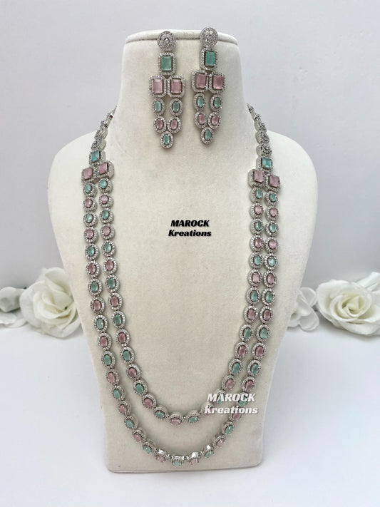 American Diamond/AD Rani Haar /Long necklace/Pink Mint Rani haar