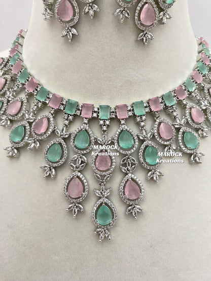 American Diamond pink/mint Necklace set