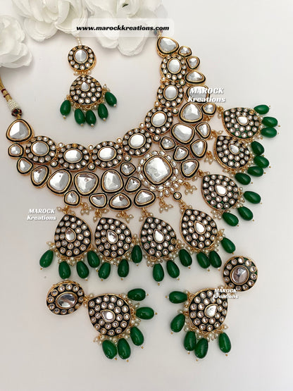 Trendy Uncut Kundan Green Statement Necklace set/Bridal set